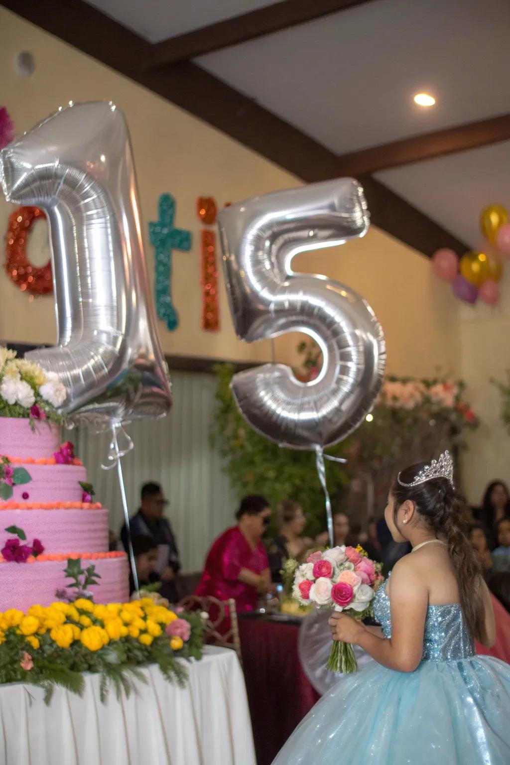Number balloons create a bold statement in celebration of the occasion.