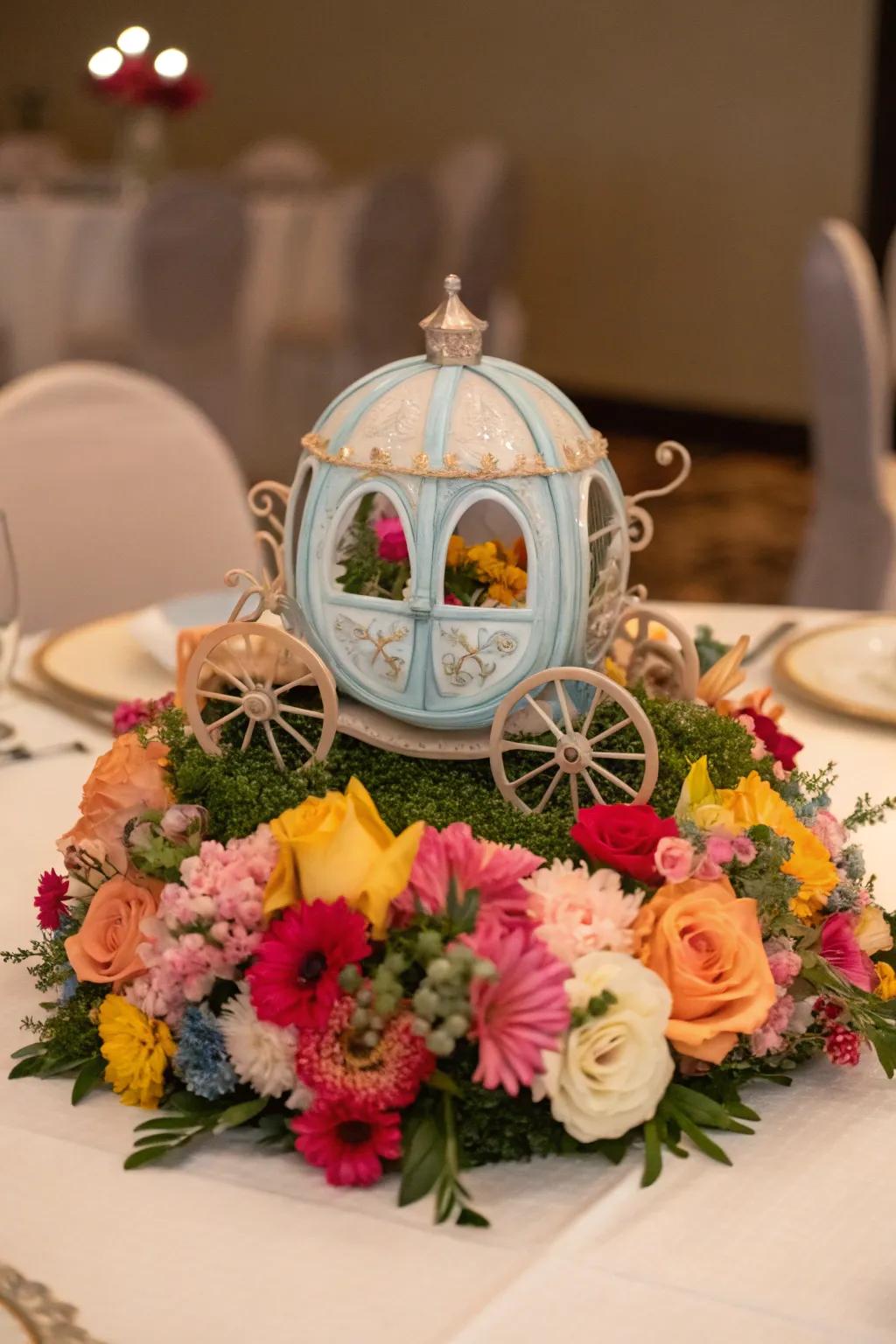 Cinderella carriages bring a whimsical fairy-tale element to the decor.