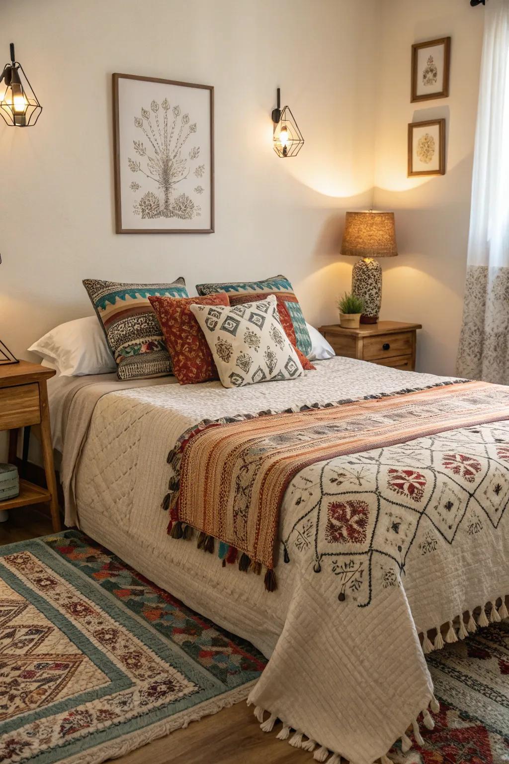 A comfortable arrangement featuring layered materials and patterned accents.