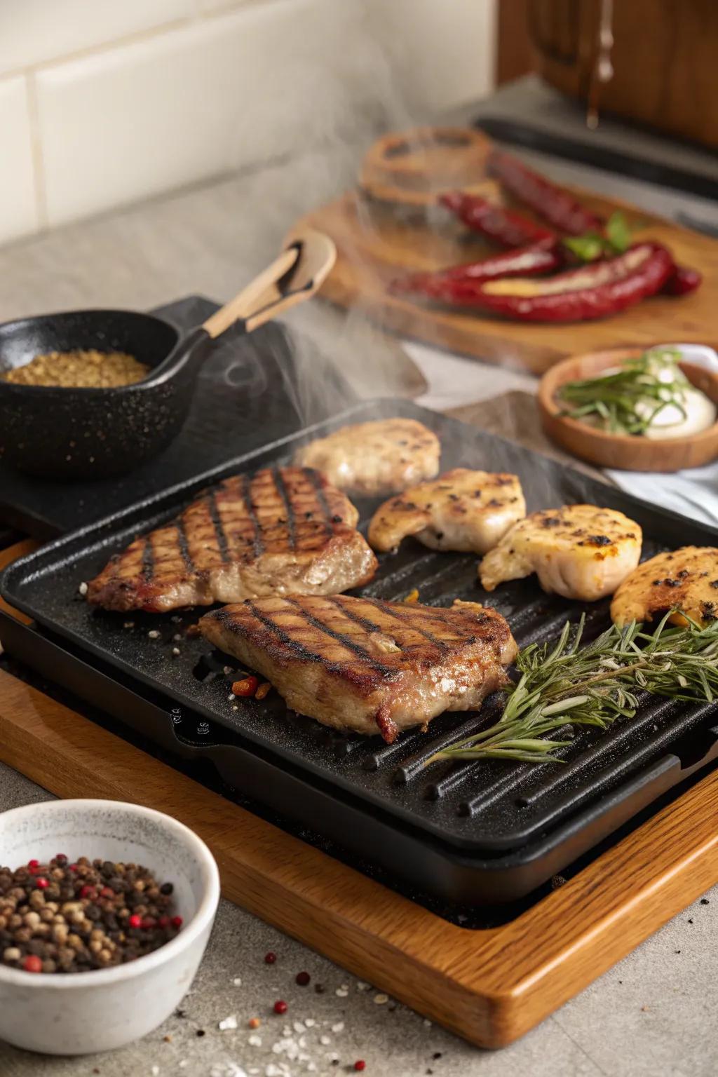 Cooking meats bring a savoury richness to the raclette spread.