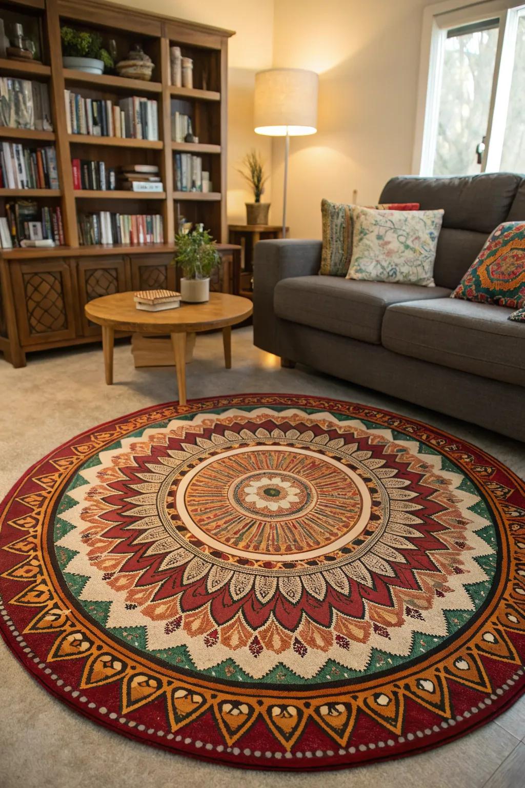 A family room centered around a radial design rug.