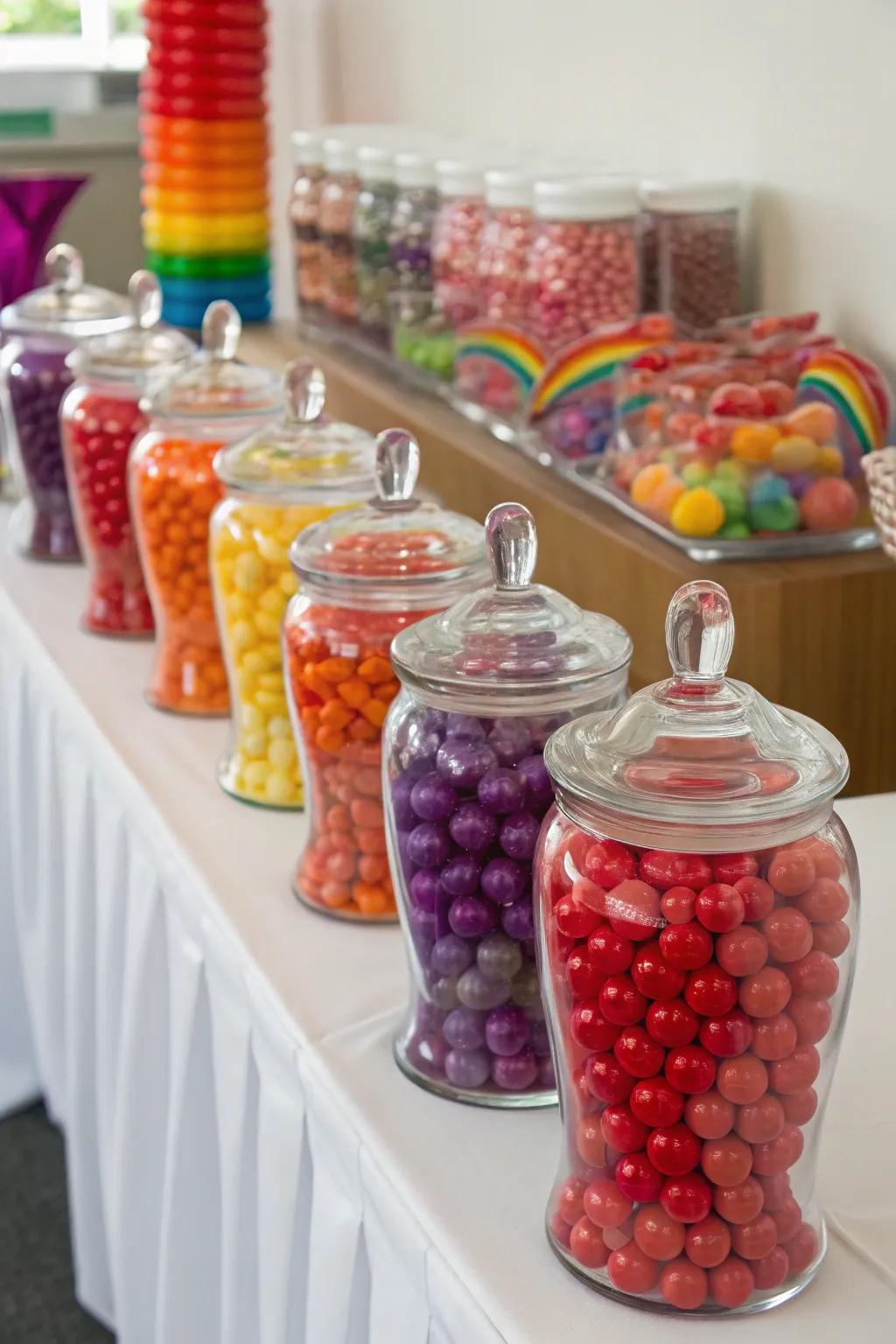 A captivating sweet display showcasing treats in spectrum shades.