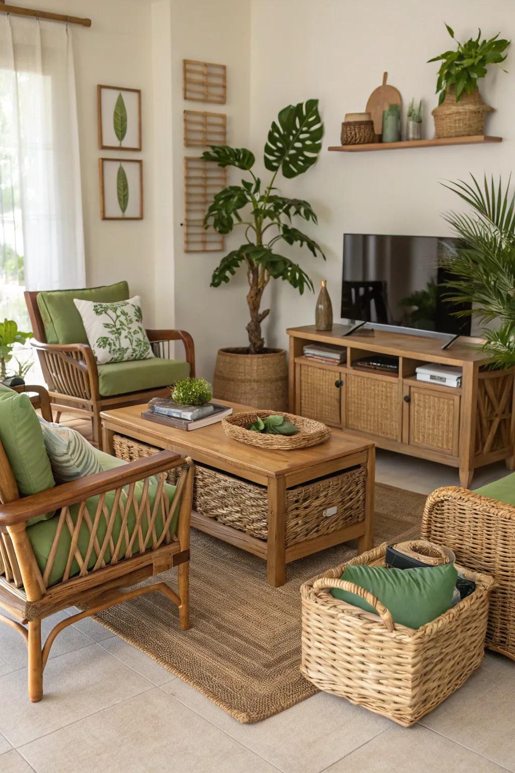 Employ organic textures like wicker and lumber to evoke a credible sensation.