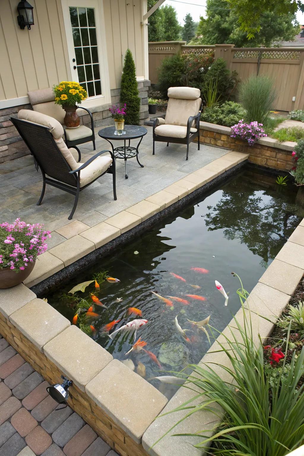 A raised koi pond ideally situated next to a welcoming patio space.