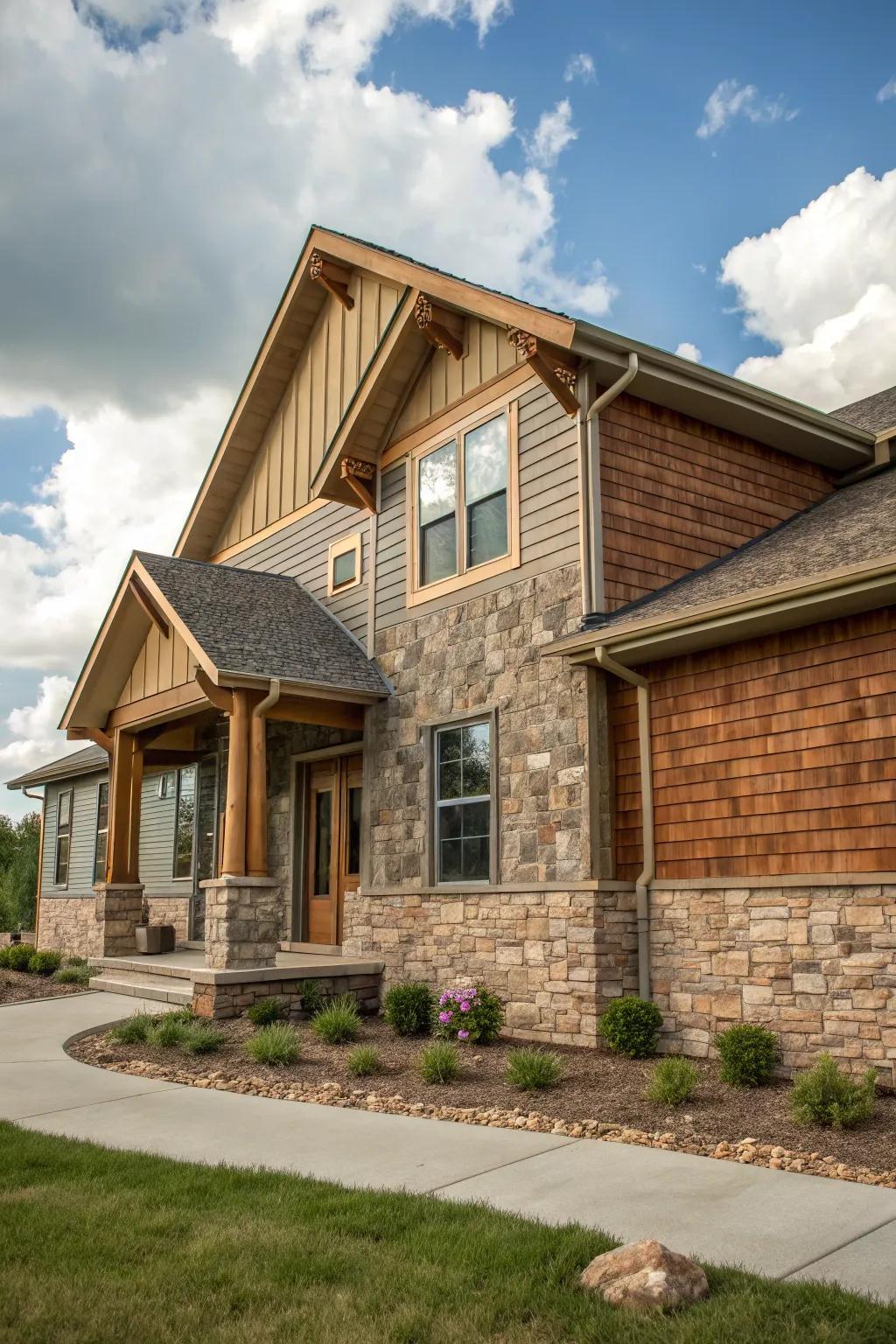 A blend of materials enriches this ranch house with dimension and interest.