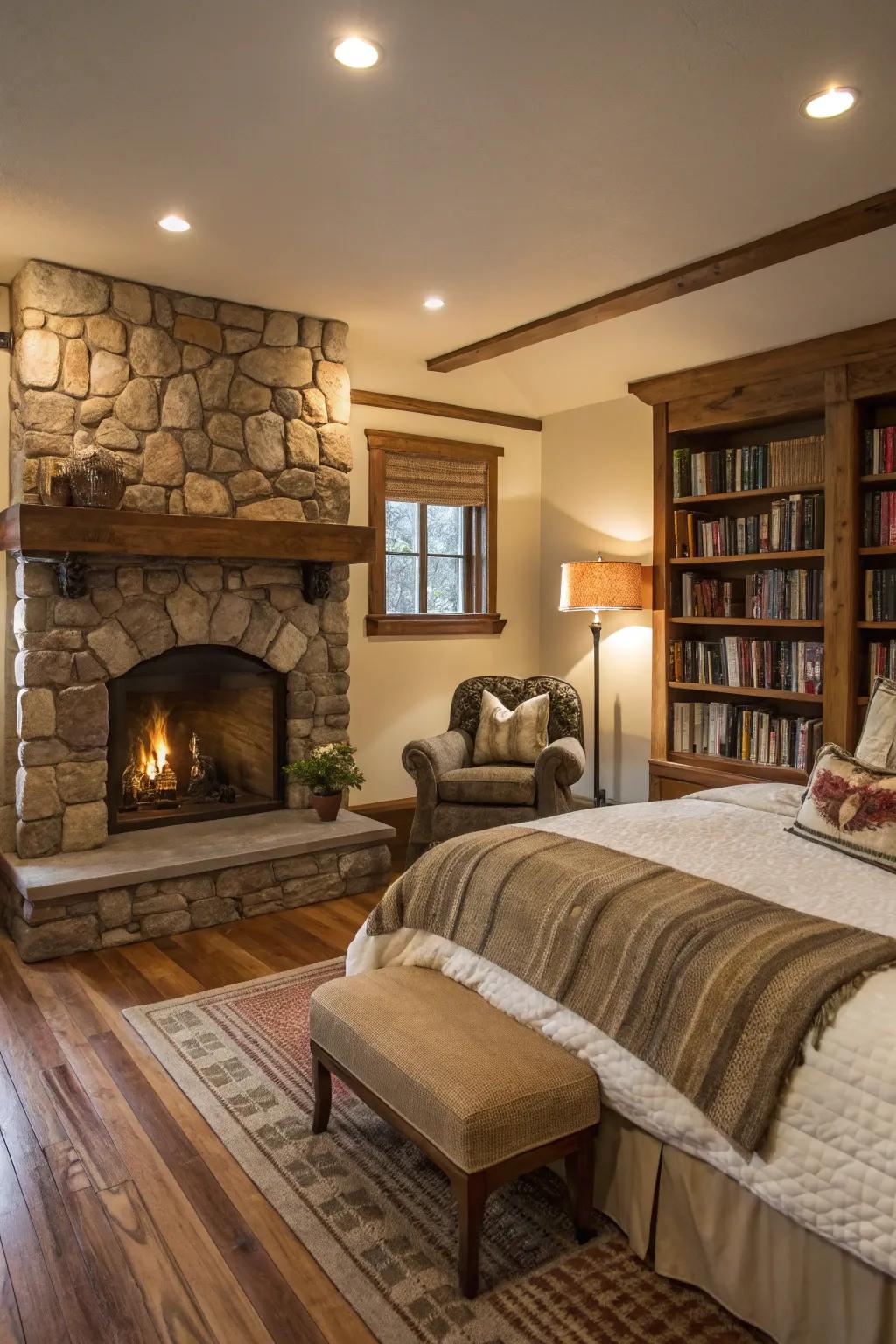 A bedroom featuring a stone hearth and a snug seating arrangement.