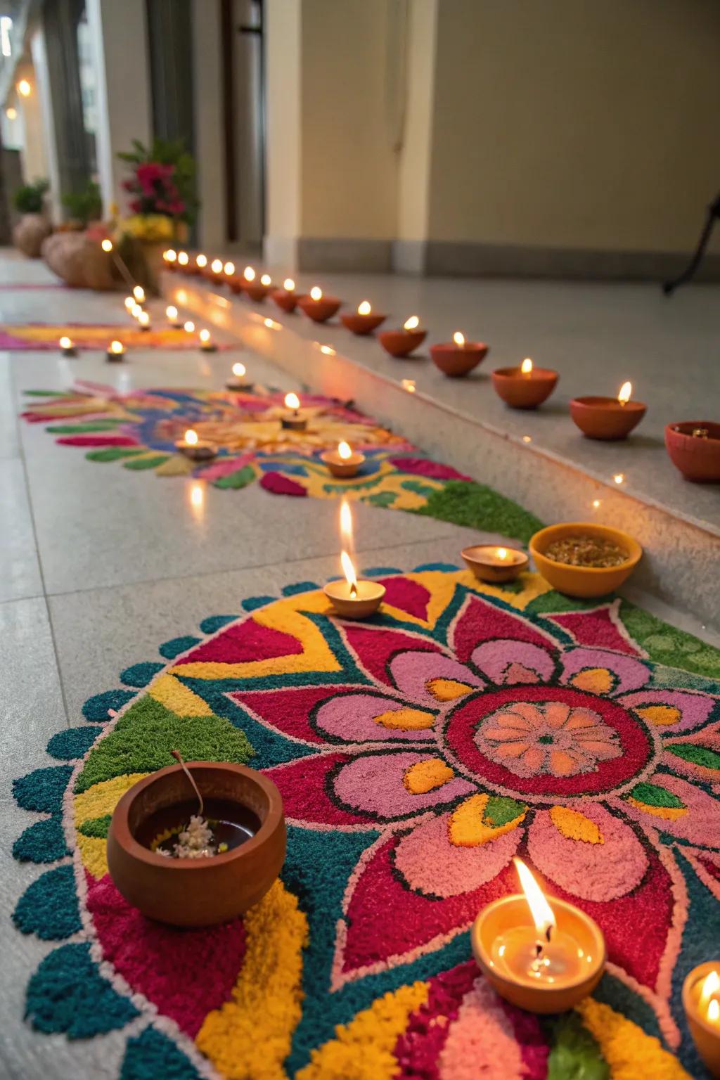 Diyas introduce a warm and magical glow to this festive rangoli.