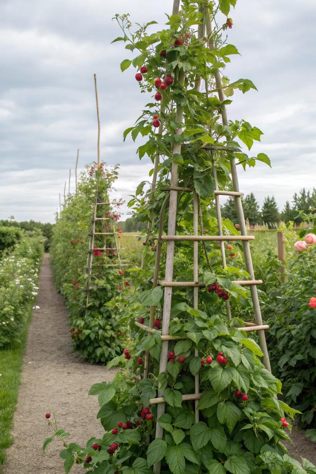 A vertical trellis encourages raspberries to grow upwards, maximizing sunlight.