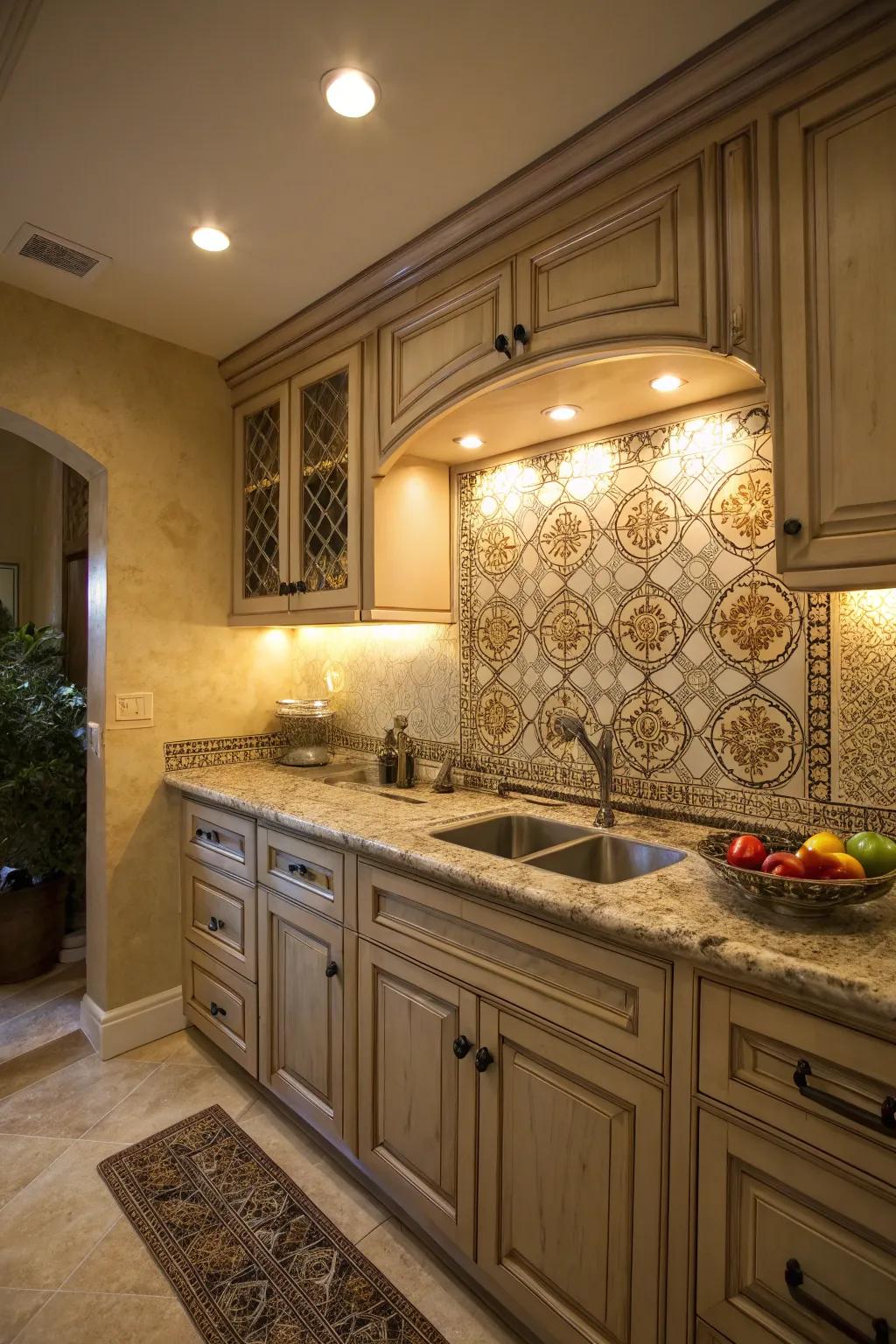 Decorative lighting accentuates key kitchen features.