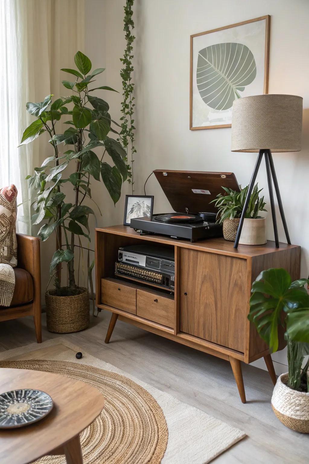 Decorative touches personalize your record player arrangement.