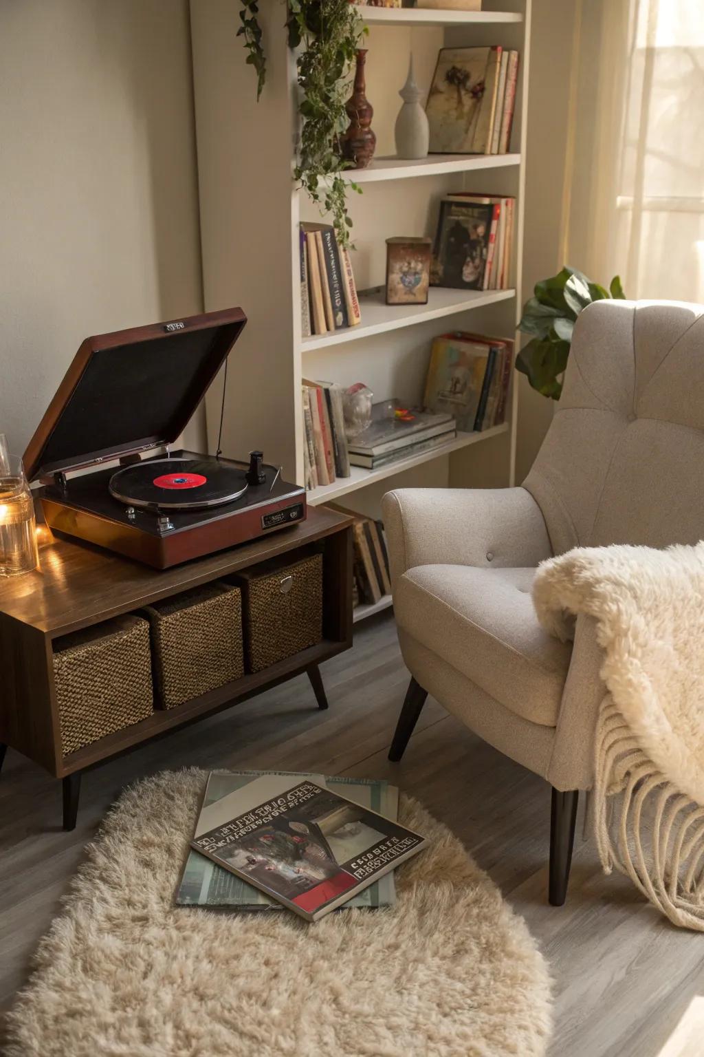 Cozy nook that has a record player and comfy seating.