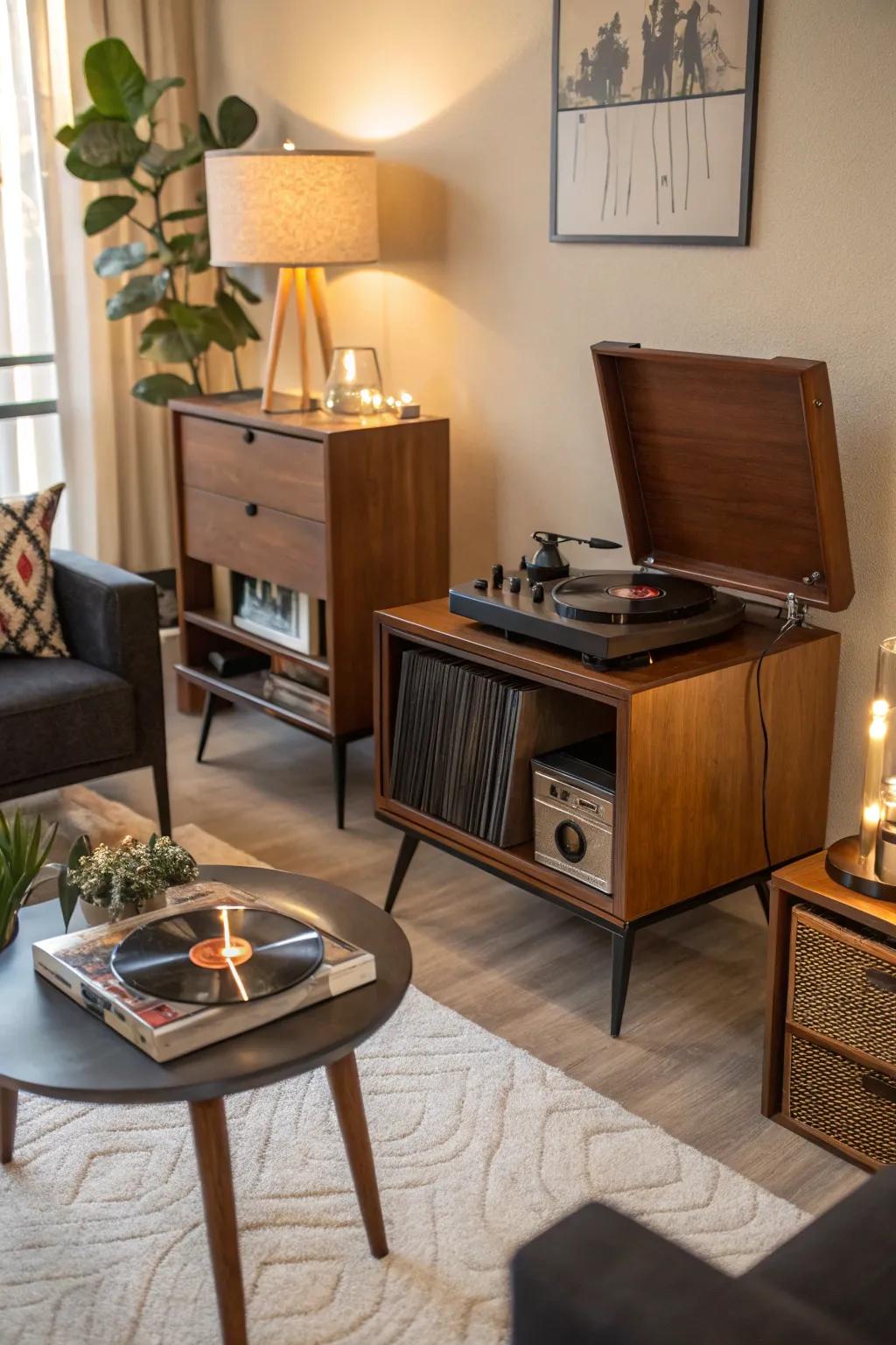 Mid-century modern platforms contribute a retro feel to your record display.