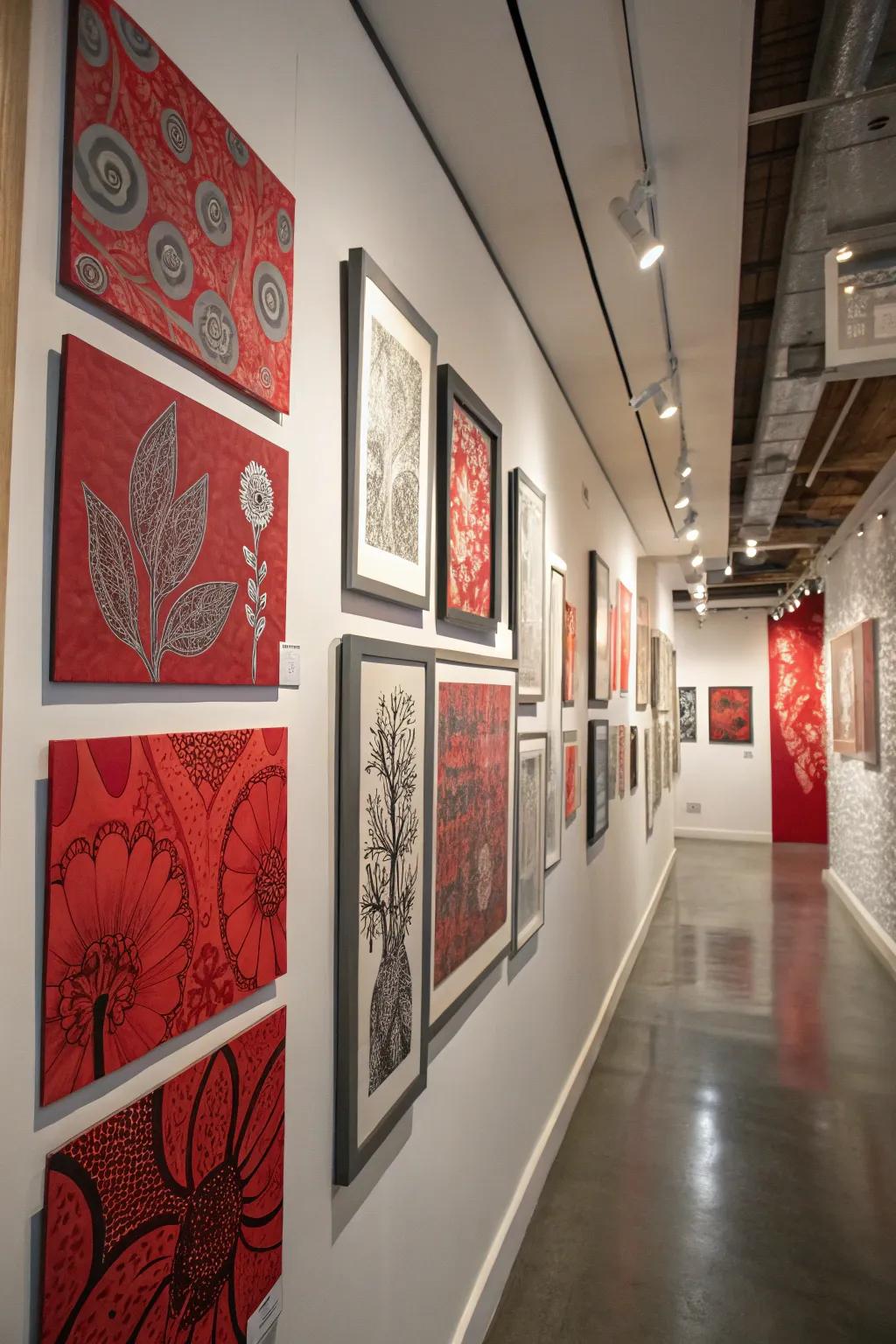 A gallery wall displaying red and grey art.