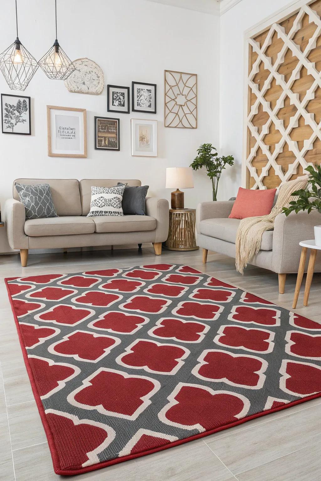 Geometric designs inject a modern vitality into a red and gray living area.