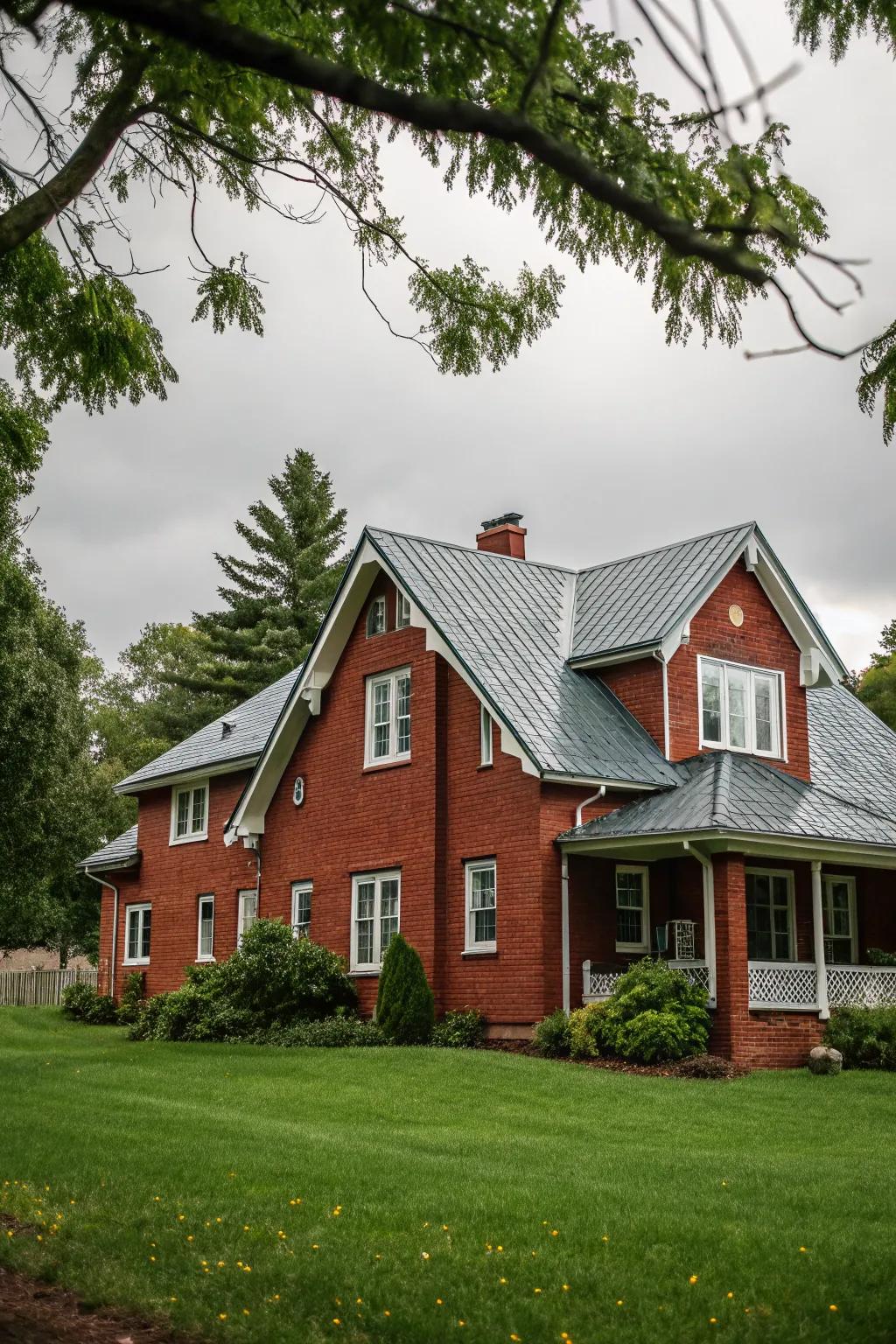 A pitched roof gives charm to this red brick house.