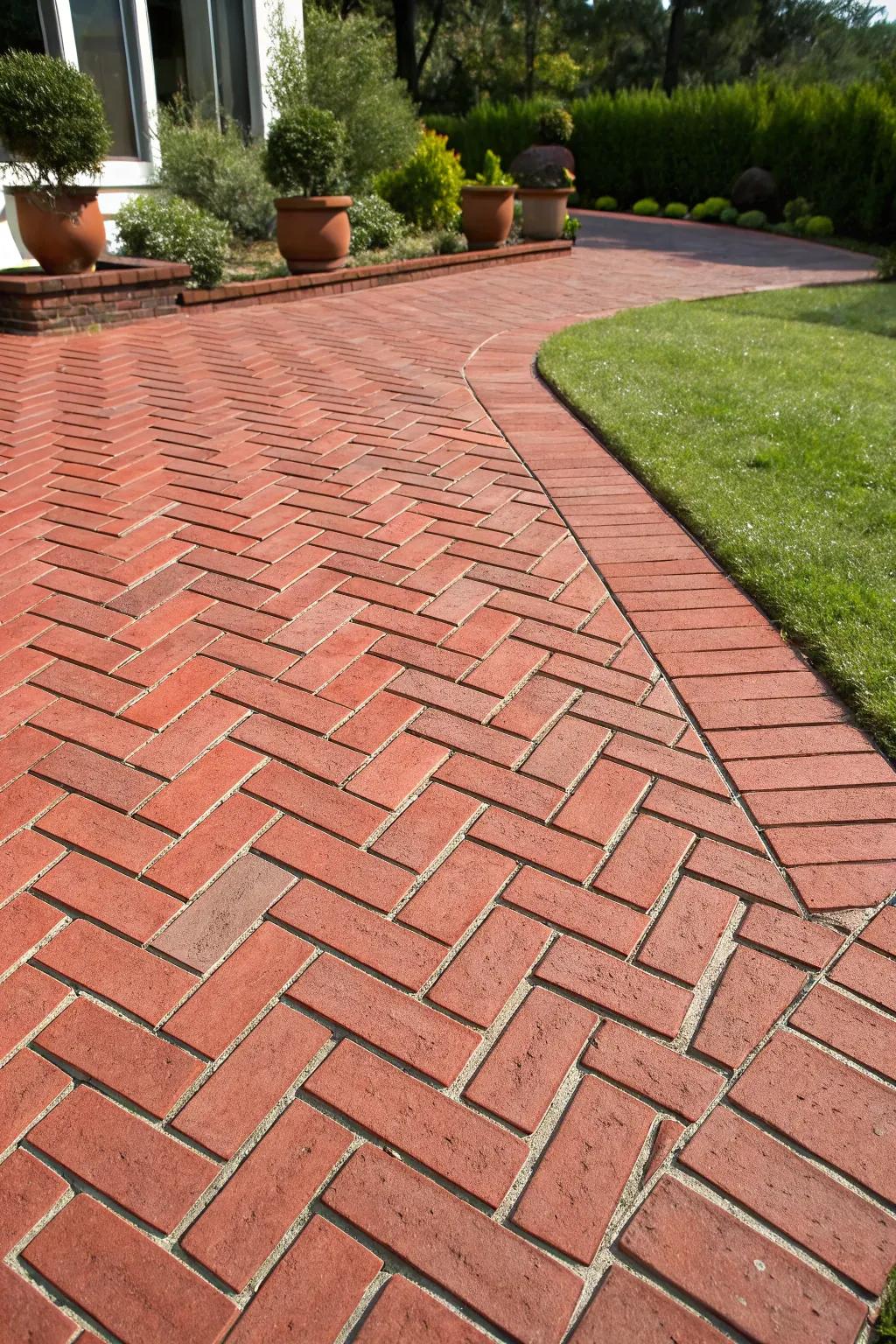 A red brick patio showcasing an elaborate herringbone design