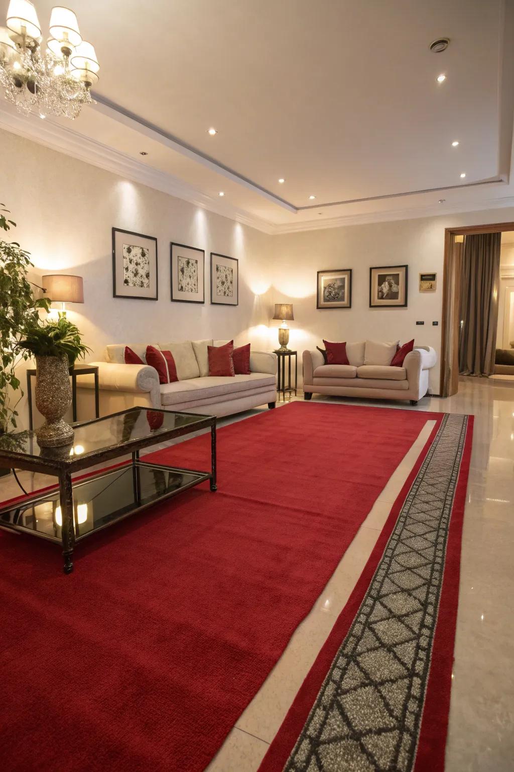 A lounge where a scarlet floor covering beautifully highlights a subtle palette.