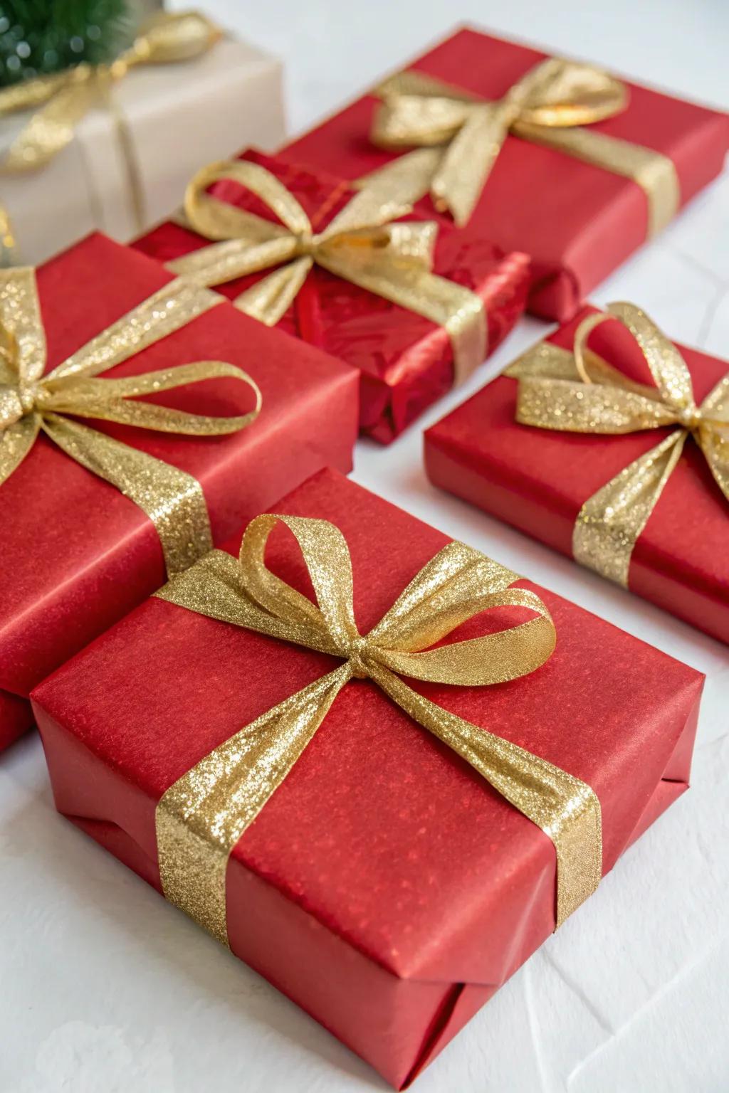Beautifully wrapped offerings in festive crimson and gold.