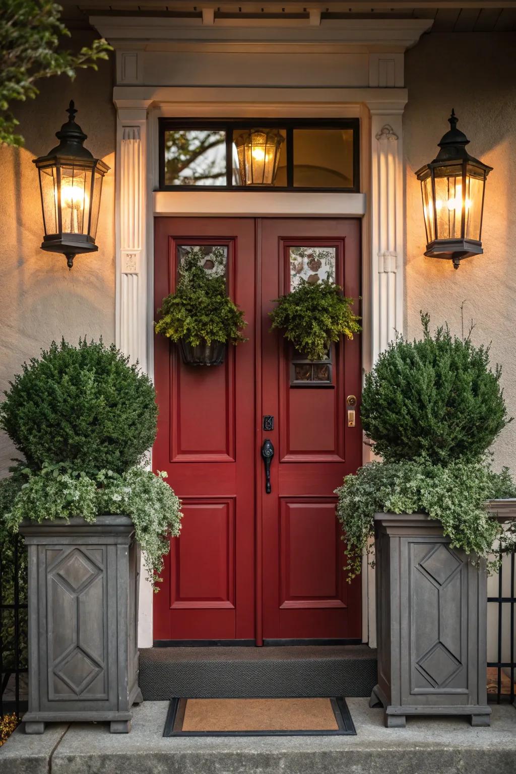 Symmetrically styled red door showcasing matching decor elements.