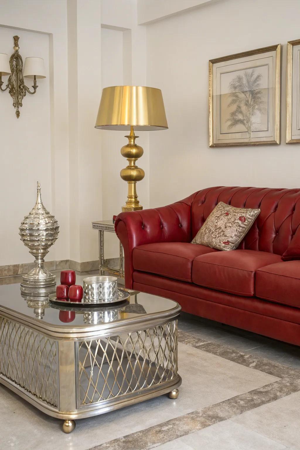 Metallic components impart a luxurious sensation to a space featuring a scarlet hide settee.