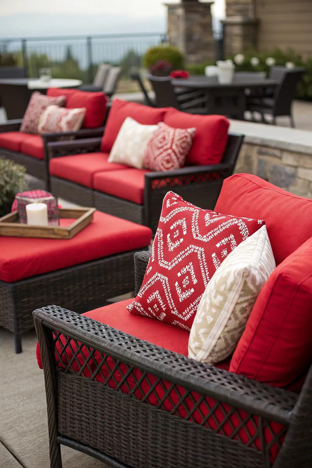 Scarlet pillows refresh the patio decor.