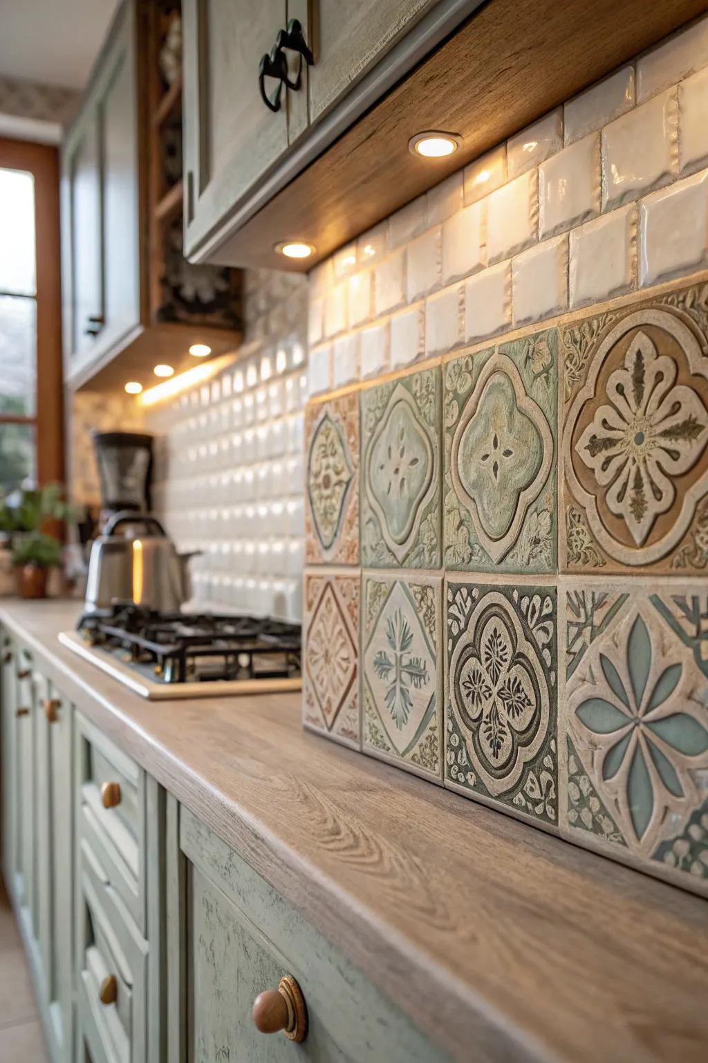 Old-fashioned tiles infuse the cooking area with timeless sophistication.