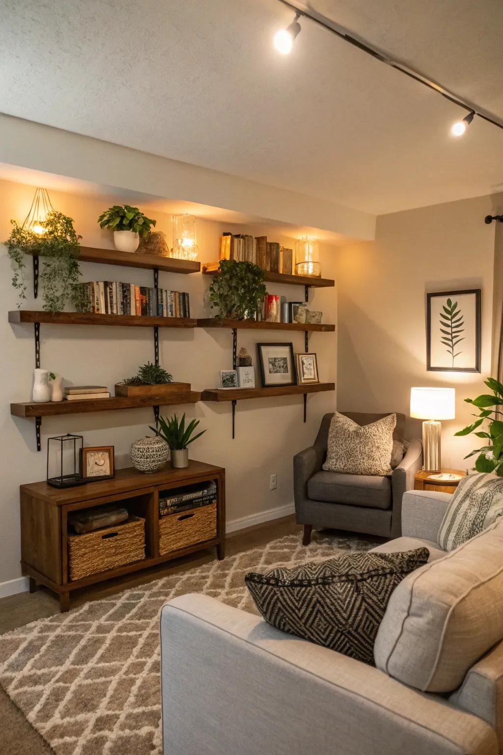 Create storage and style with wall-mounted shelves.