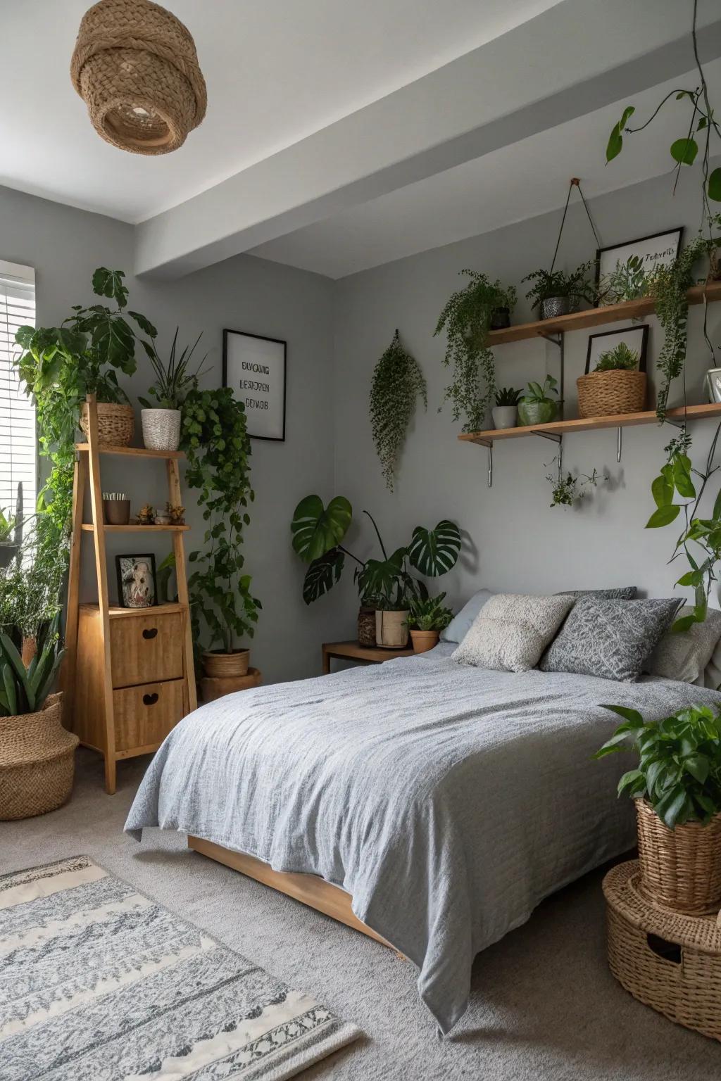 Indoor plants bring a natural touch to the serene repose gray environment.