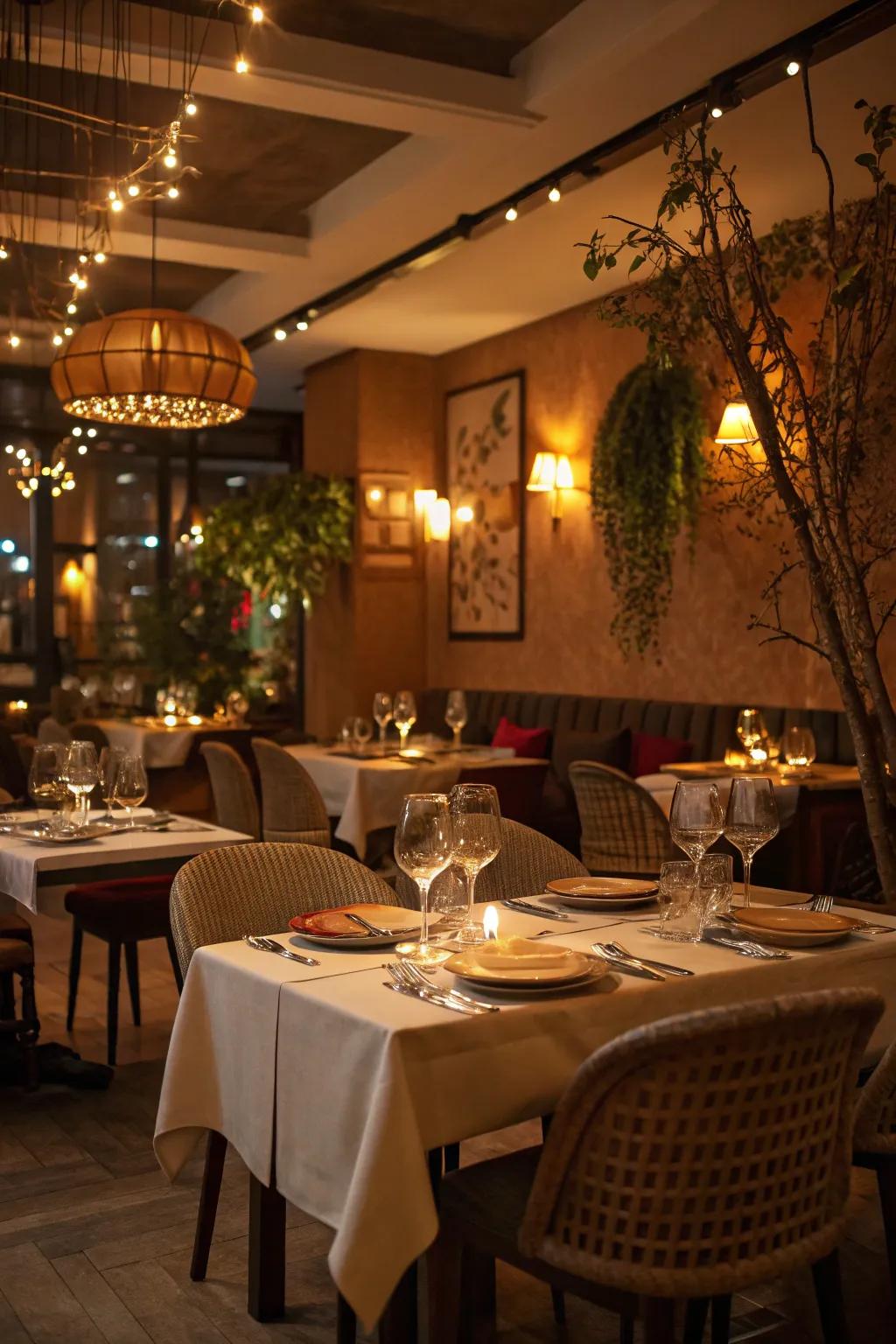 Ambient lighting creates a cozy and inviting dining experience.