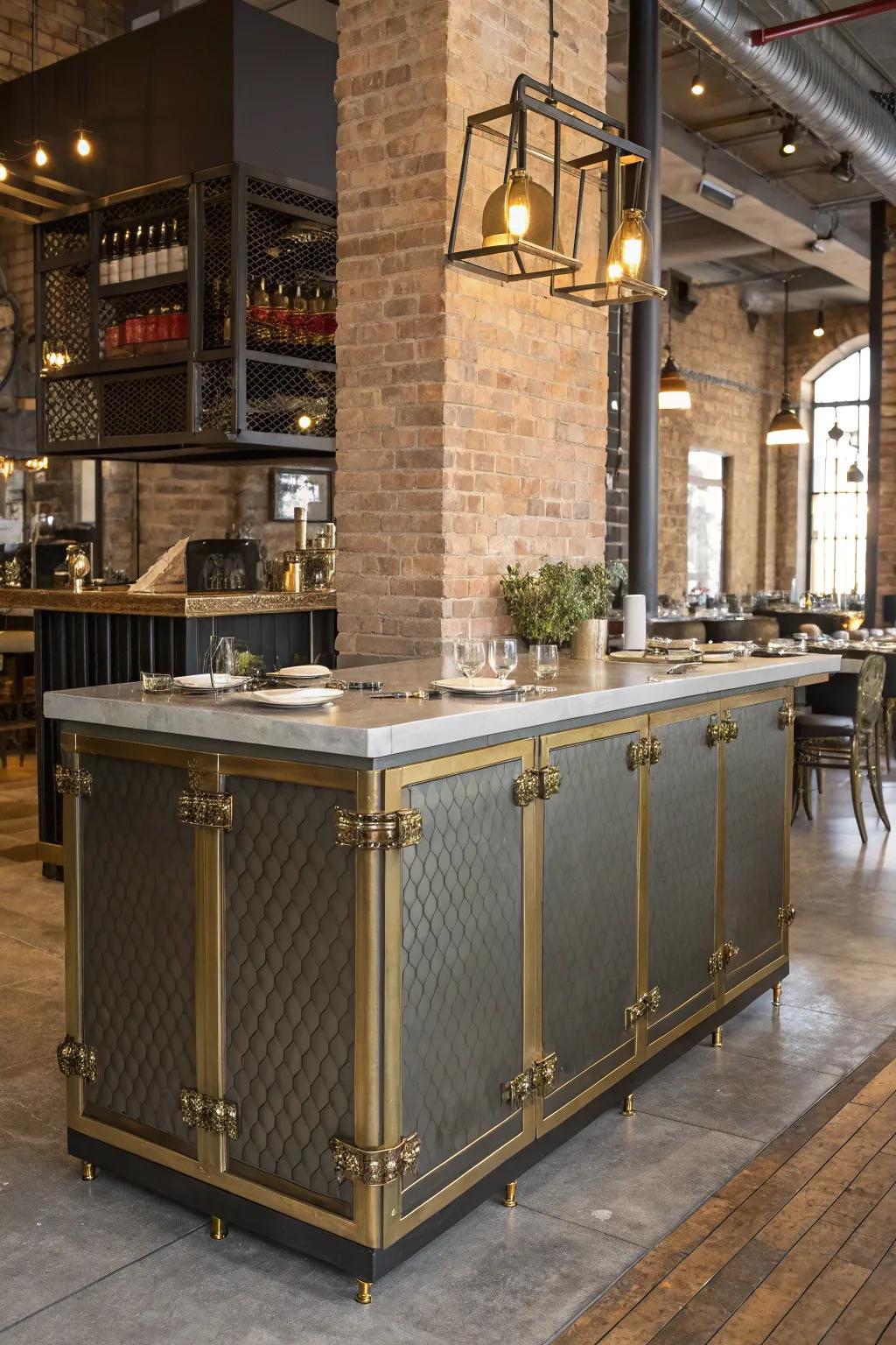 Metal accents introduce refined industrial design to your reception station.