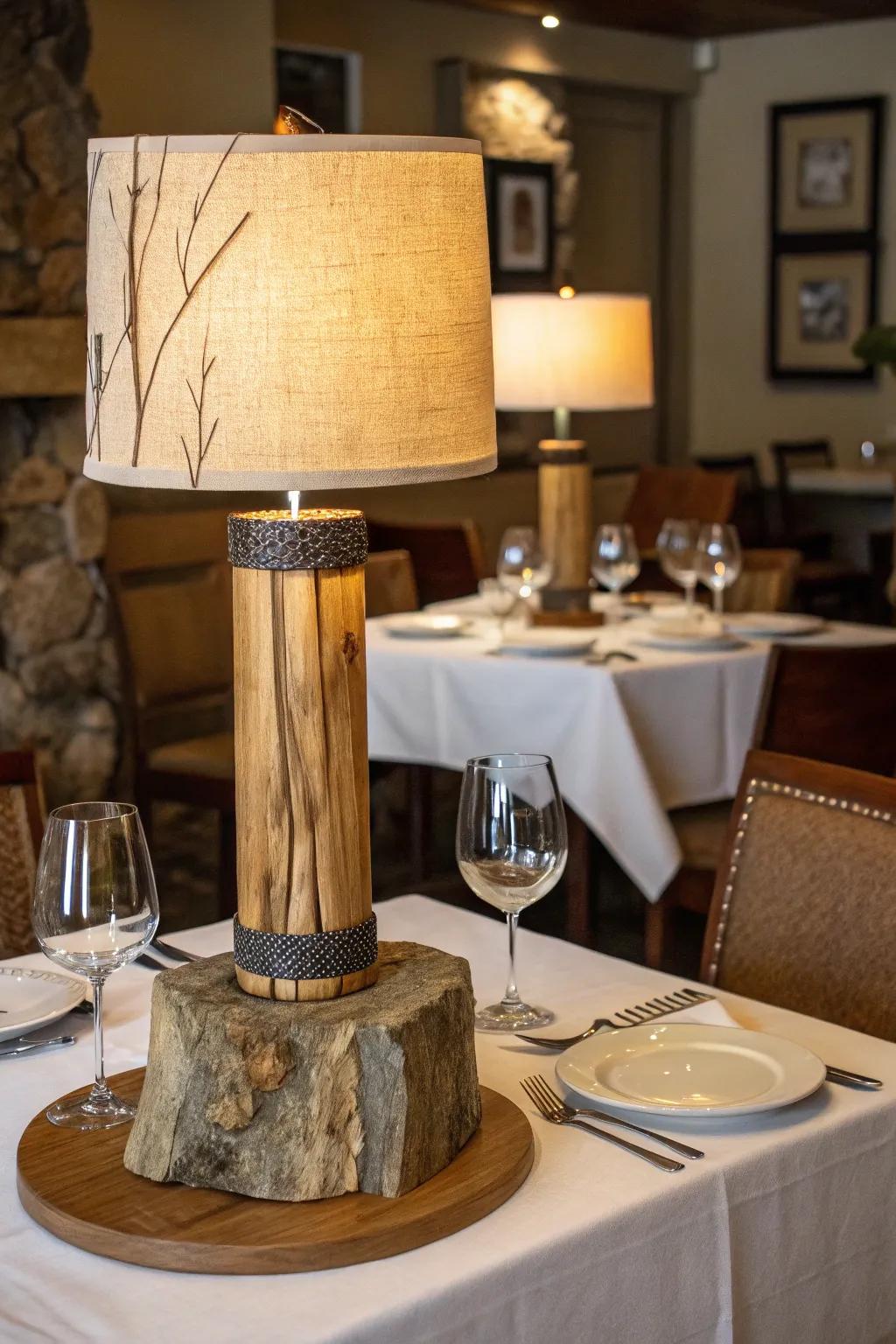 Nature-inspired table lamp with wood and stone features on a restaurant table.