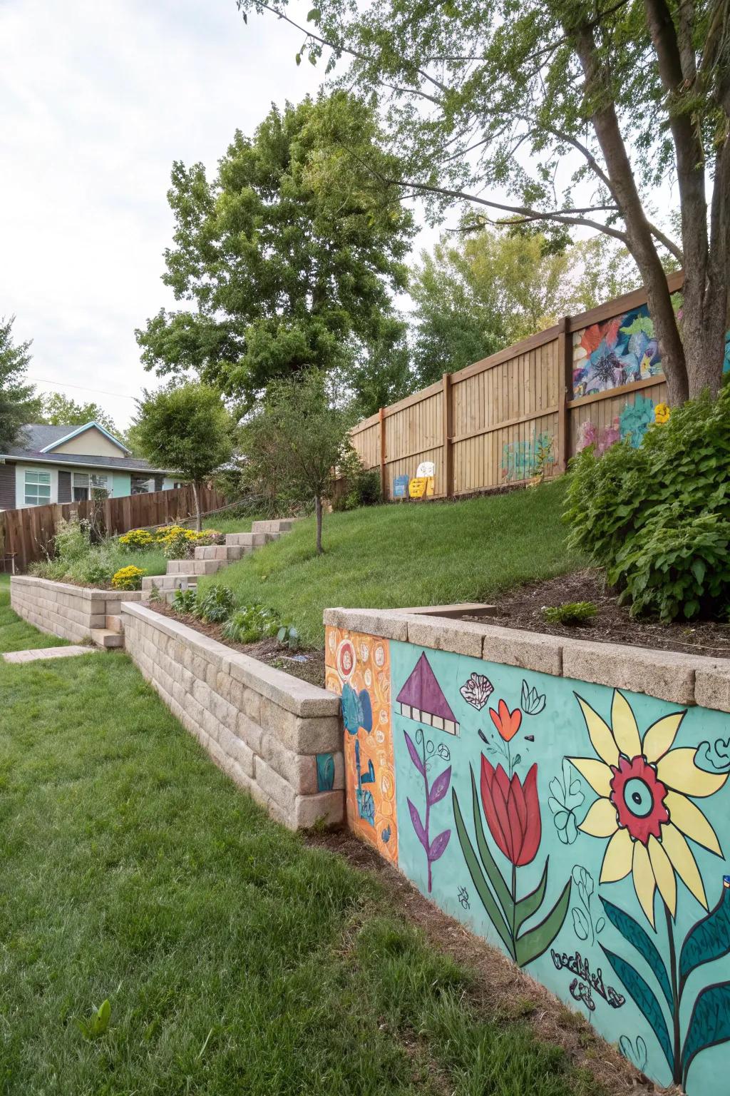 A backyard support wall reinvented as a vibrant mural.