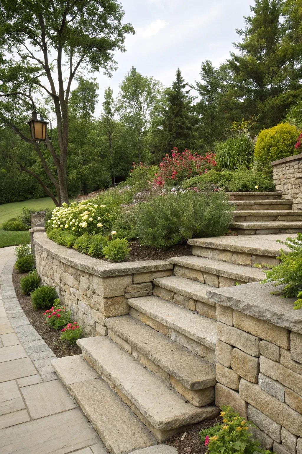 A retaining wall with integrated steps providing access through a verdant garden.