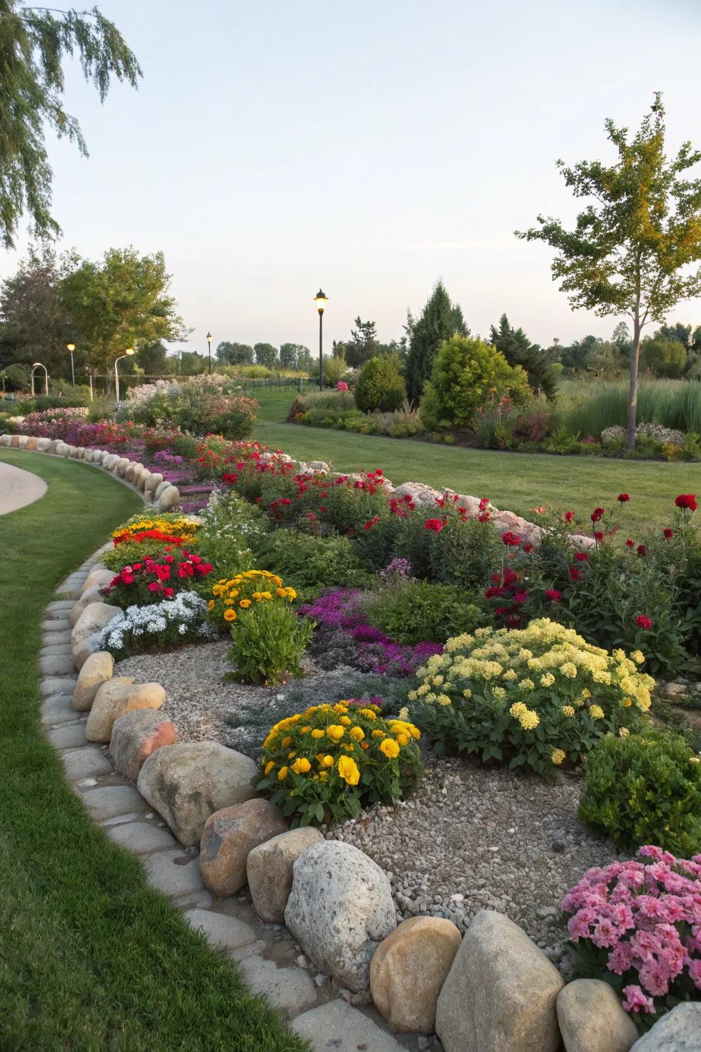 Stone perimeters deliver structure and contrast against radiant flora.