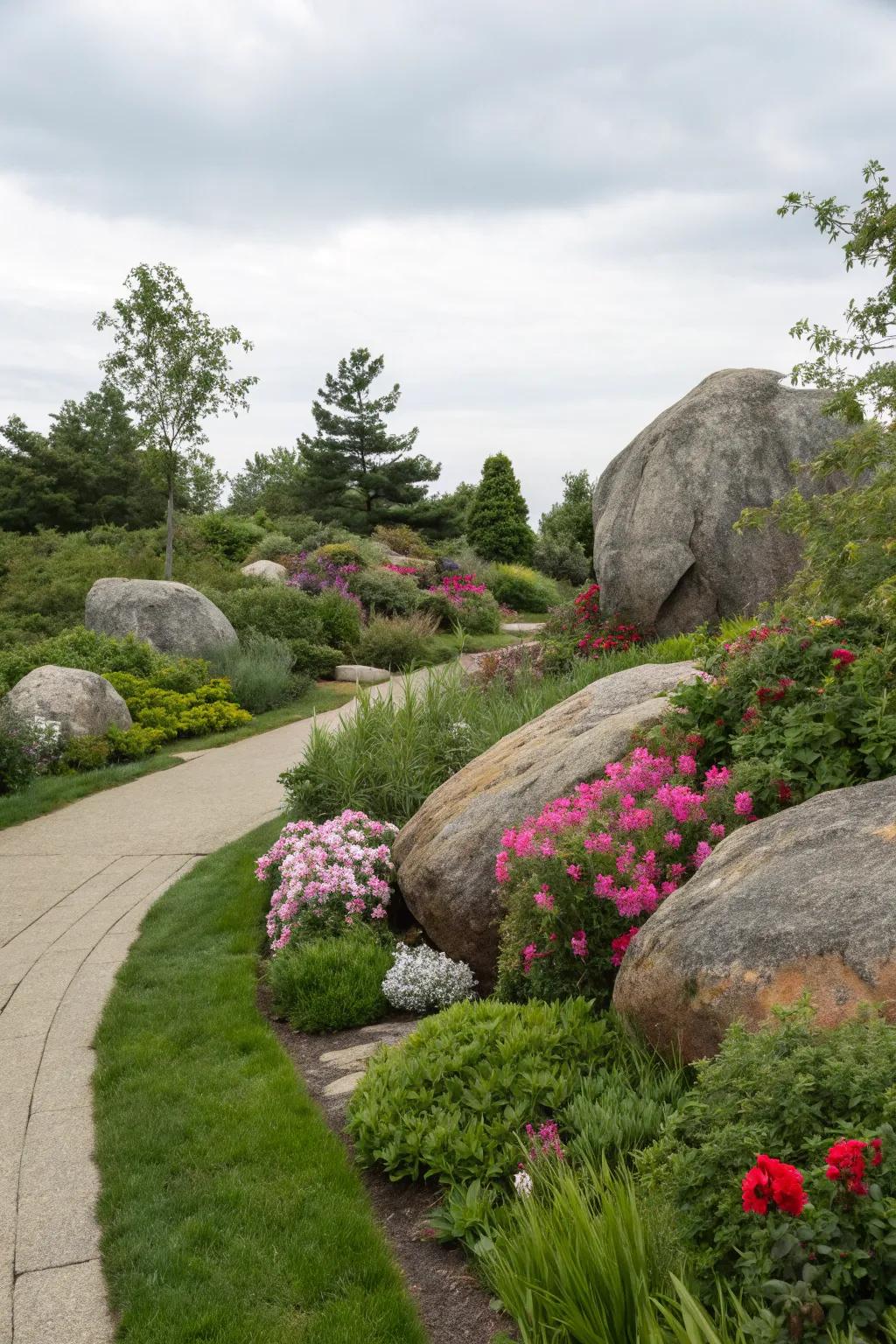 Large decorative boulders that act as a striking focal point in the garden.