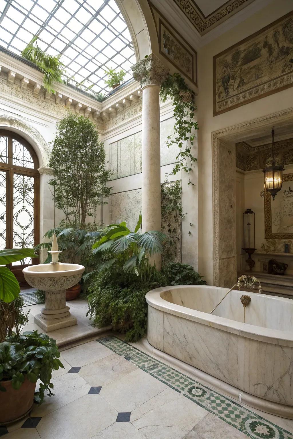 Natural accents bring a sense of peace to this Roman-inspired getaway.