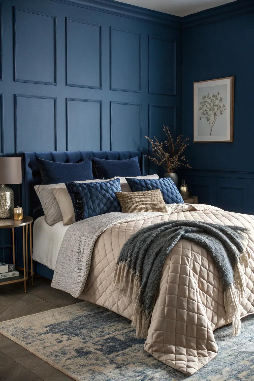 Layered textures improve the comfort of a deep blue room.