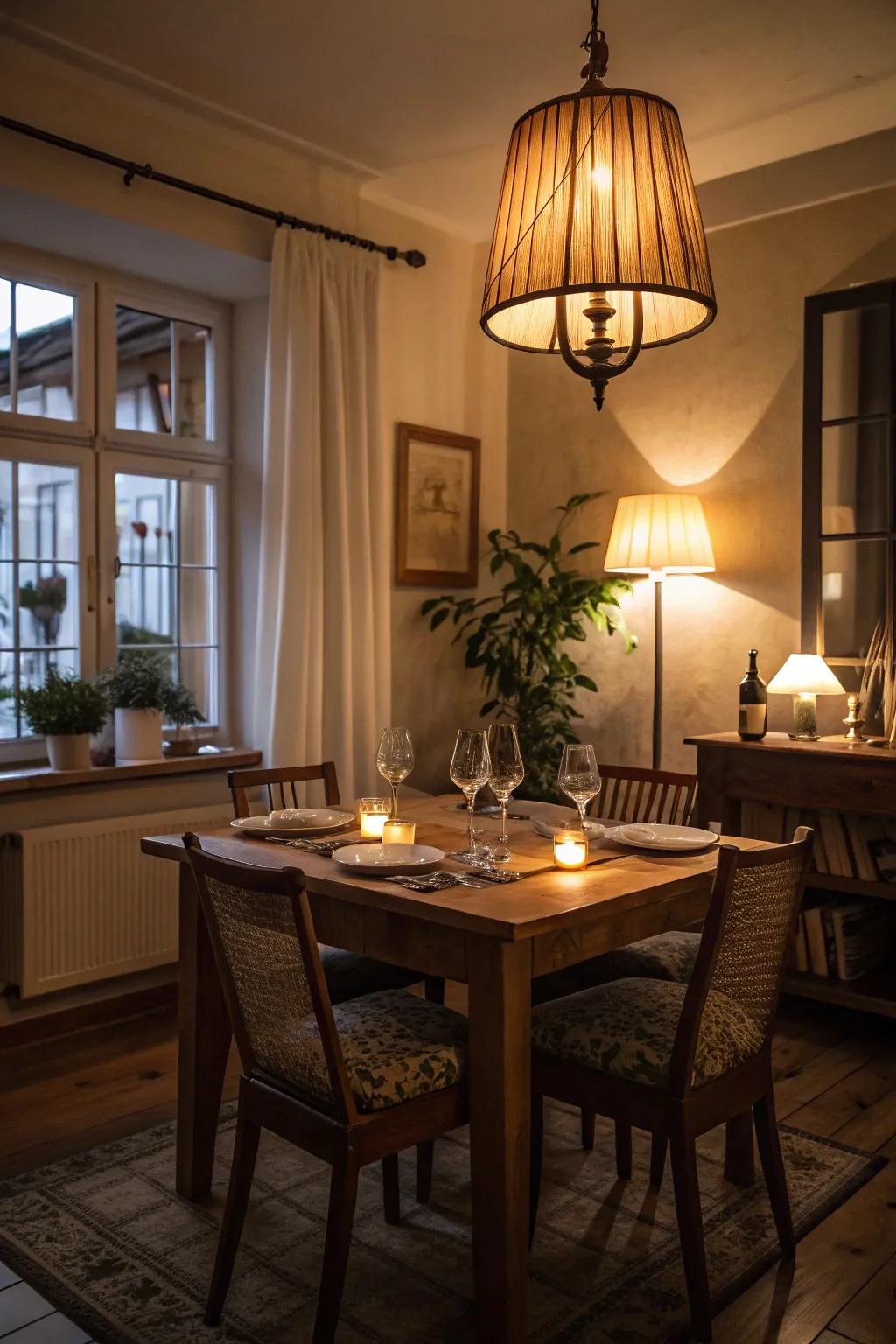 Establish a cozy ambiance with softened lighting for your romantic dinner.