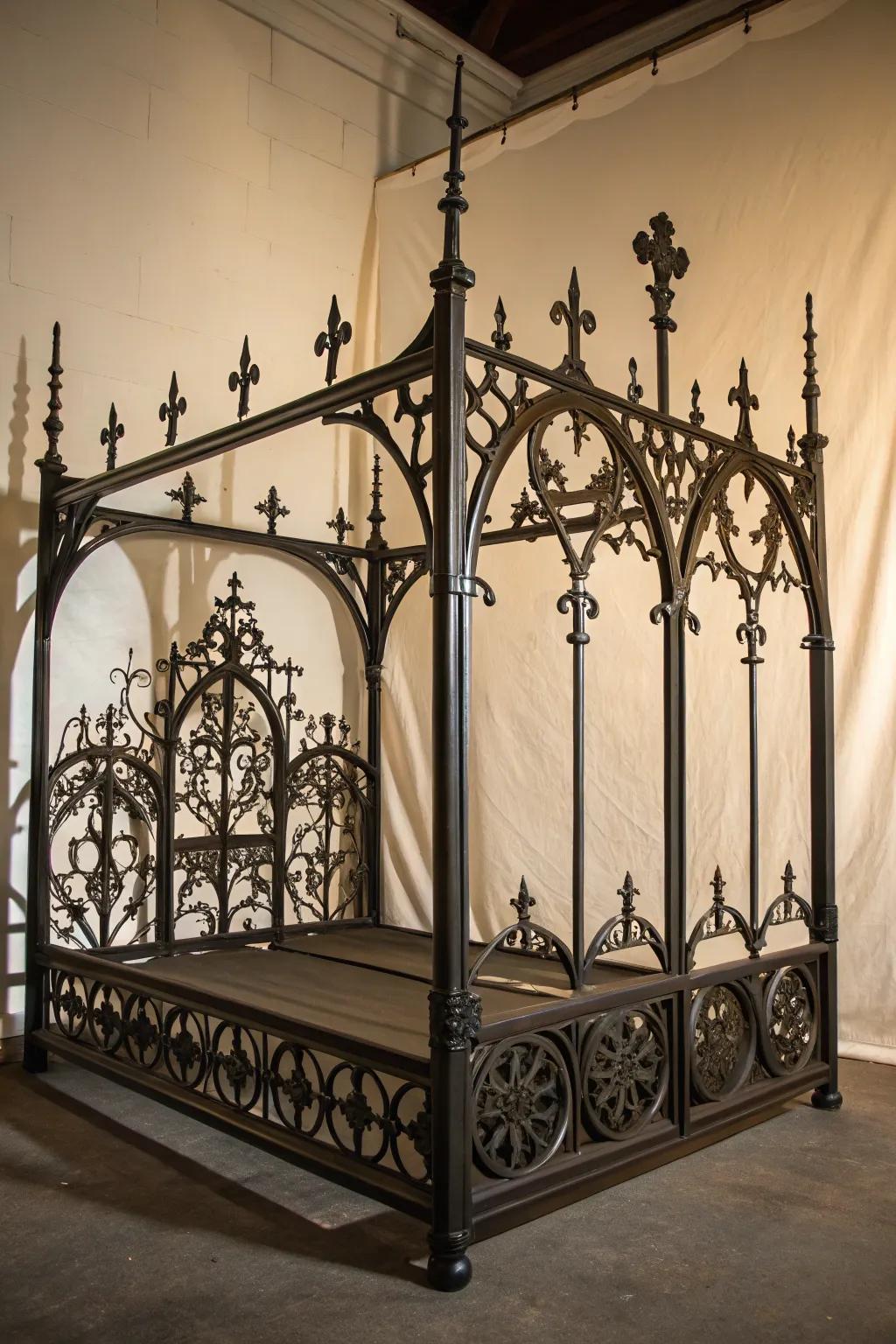 Wrought iron details impart quintessential gothic charm to the boudoir décor.