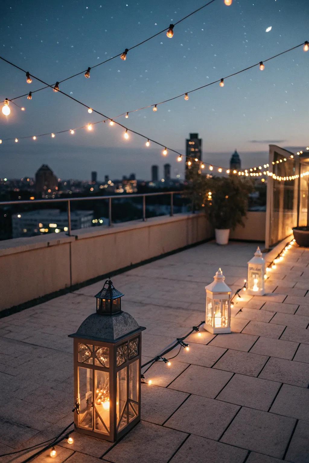 Magical rooftop illumination for evening ambiance.