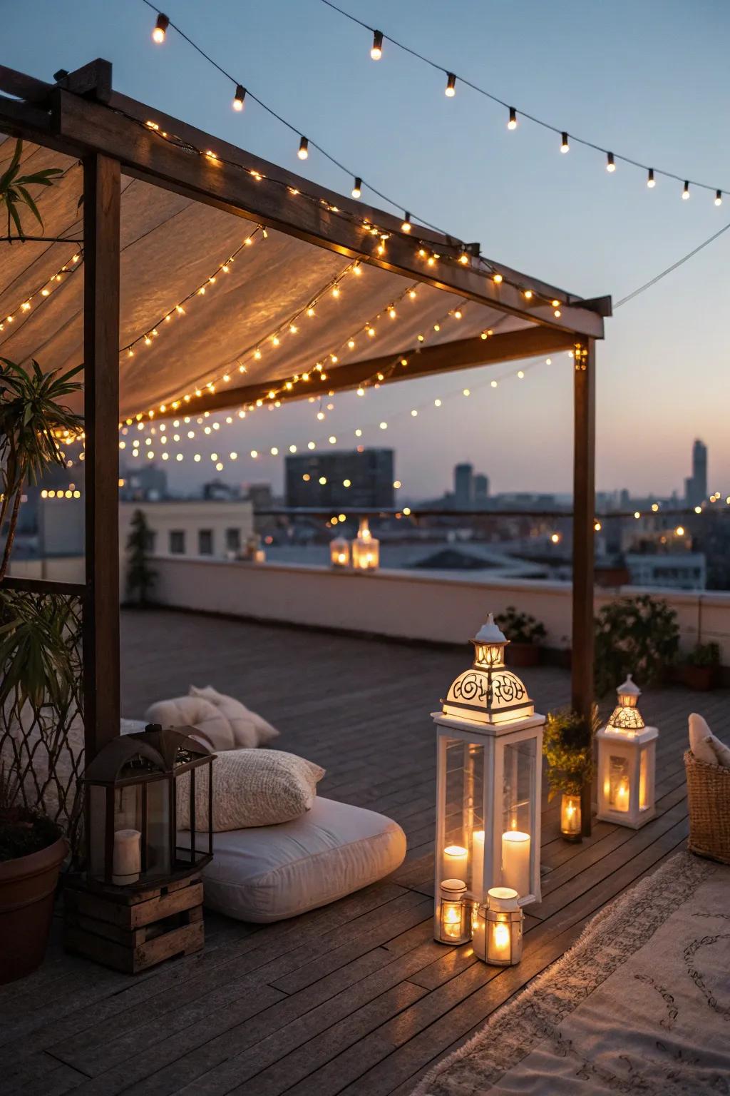 Imaginative illumination transforms your rooftop into a nocturnal retreat.