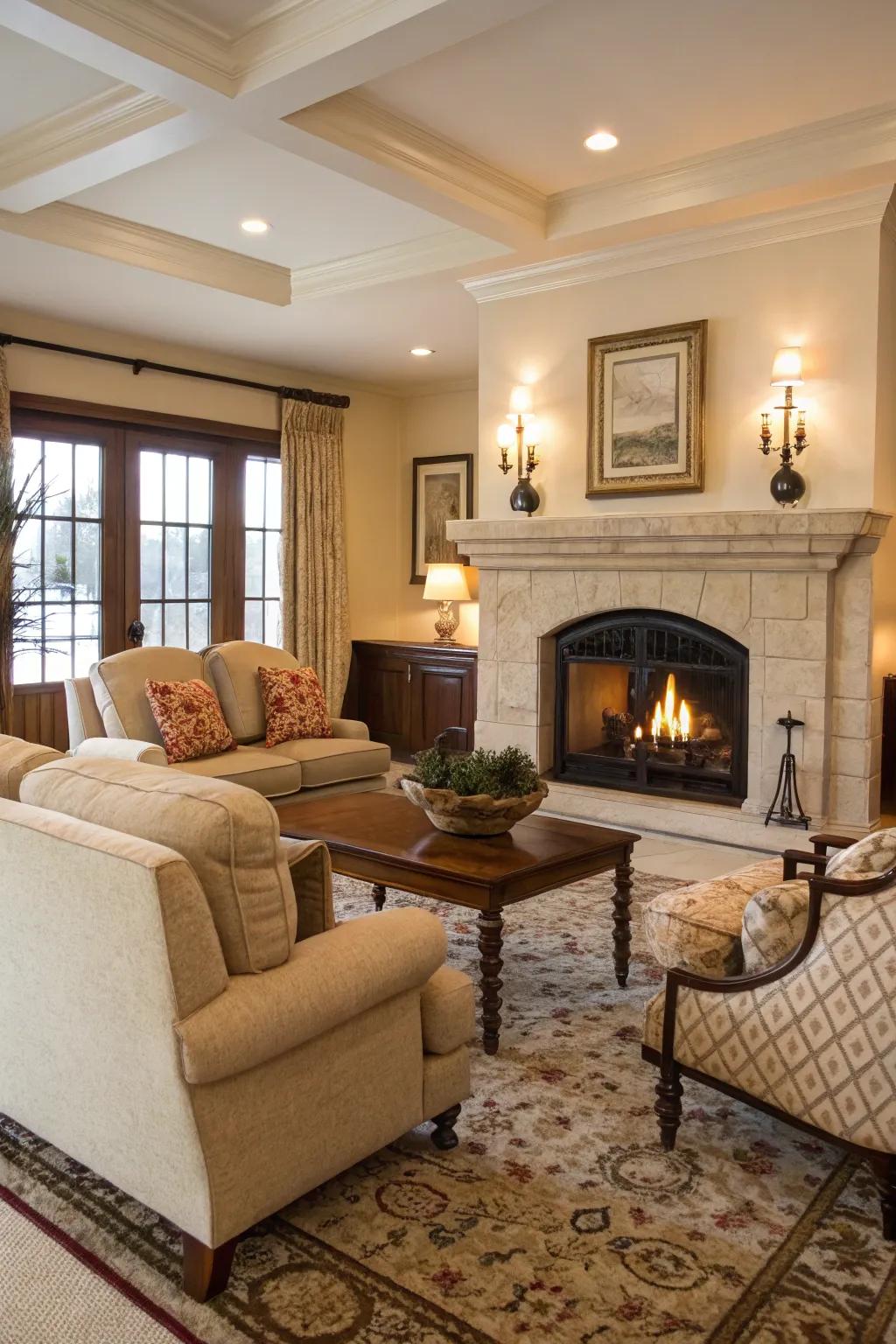 A living room configuration that emphasizes the fireplace as a central element.