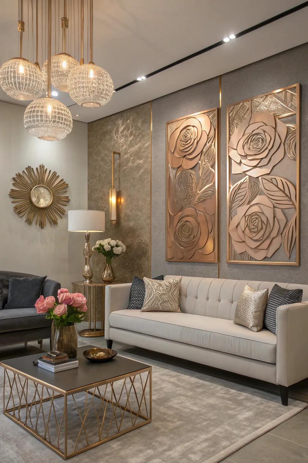 Conceptual mural art with sunset sheen colors provides a unique touch.