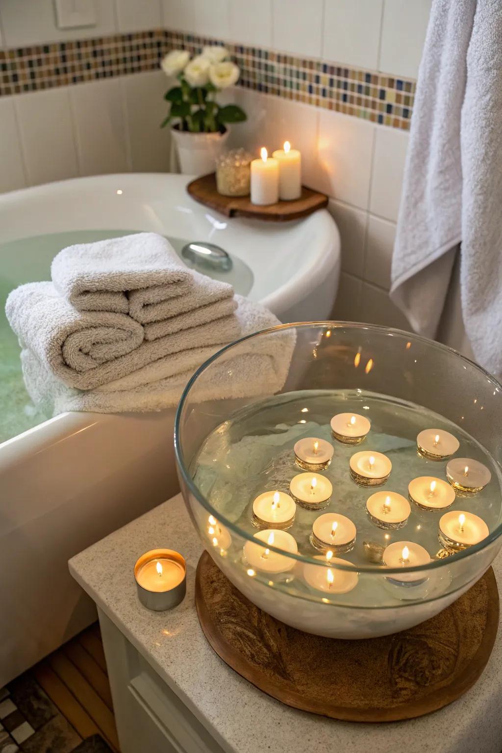 Floating candles in a glass bowl provide a peaceful and calm ambiance.