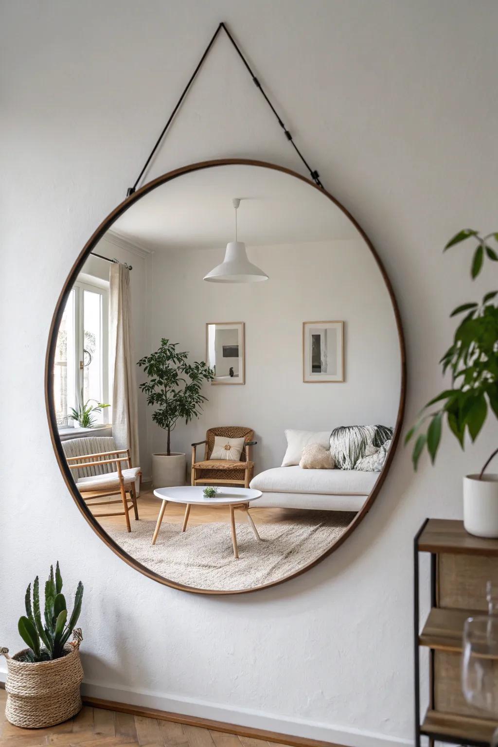 Borderless circular mirror in a minimalist living room setting.