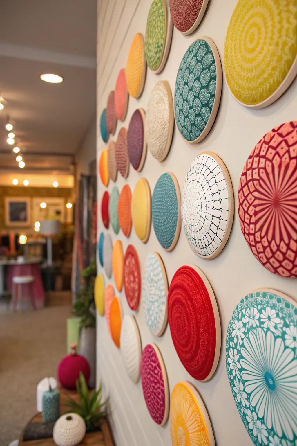 Grouped circular decor pieces creating a lively wall display.