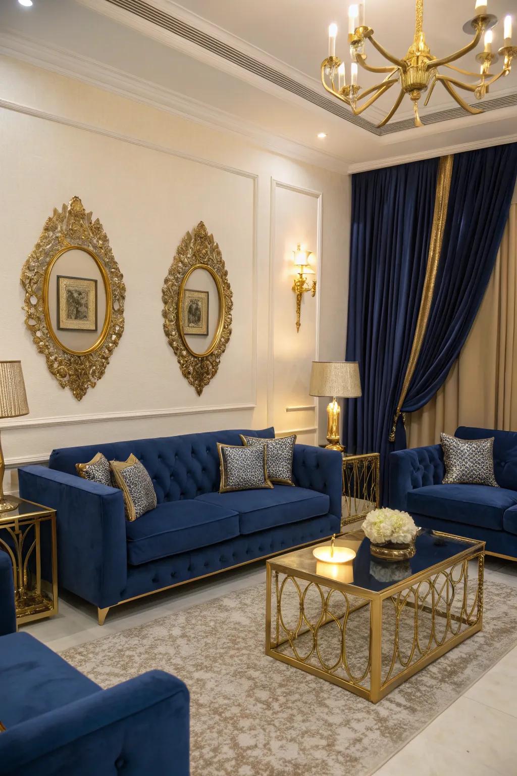 Metallic accents add a luxurious glimmer to a sapphire-themed space.