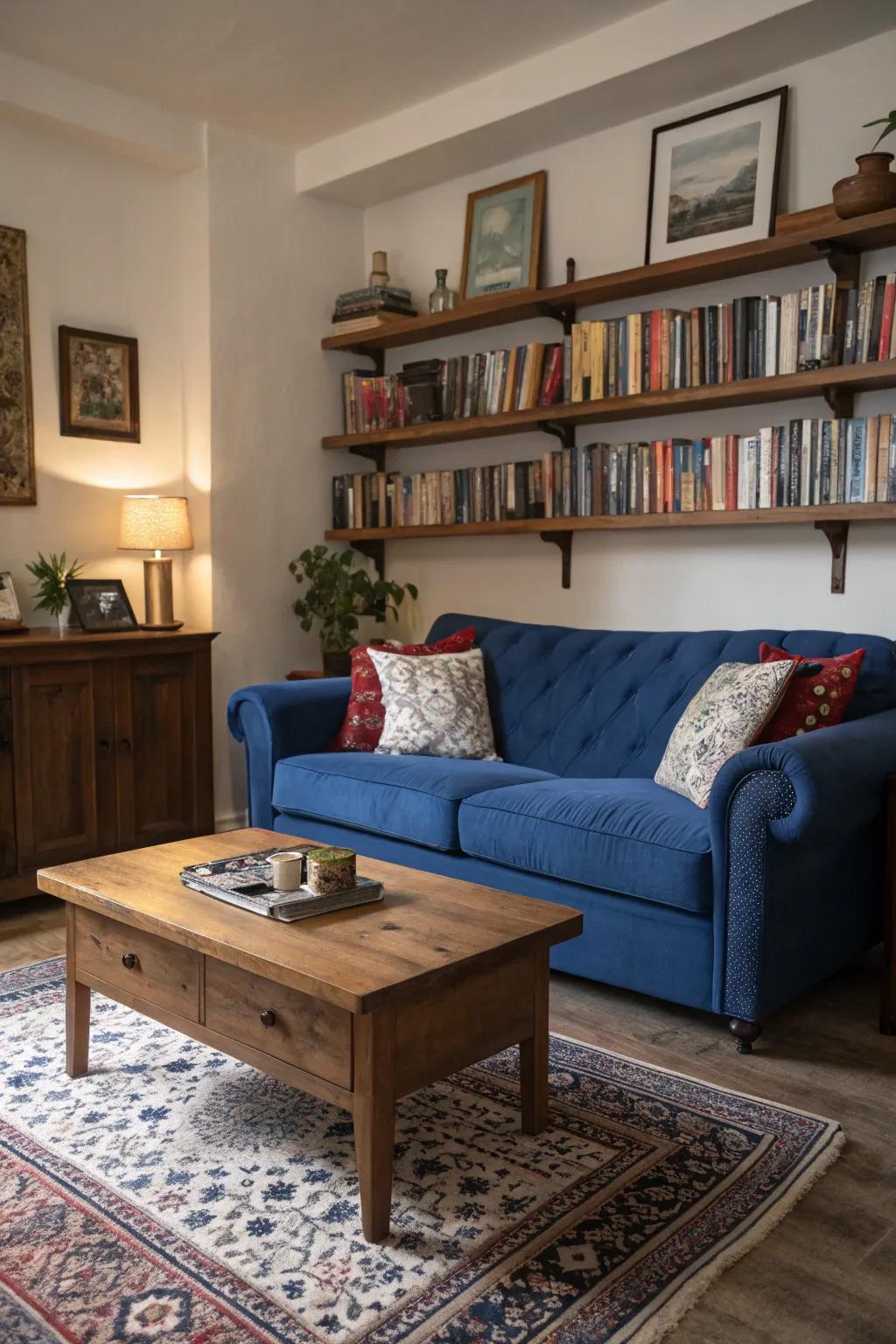 Timber components establish a cozy contrast with the sapphire-colored couch, enhancing the room's comfort.