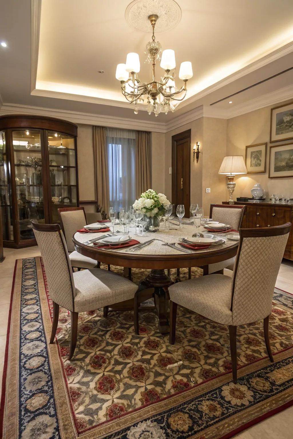 A strategically positioned floor covering can both anchor and elevate your dining space.