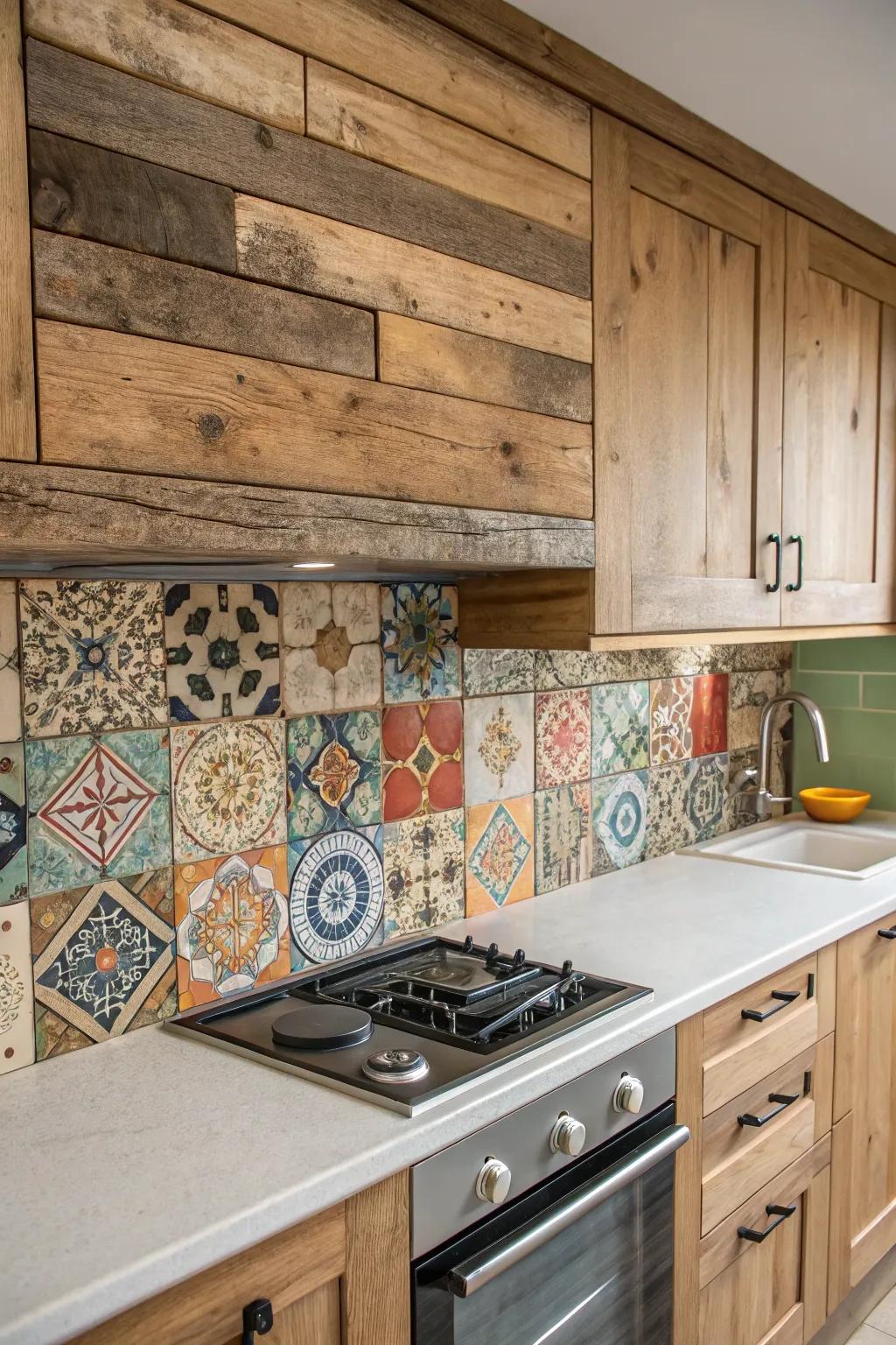 A combination of upcycled wood and tiles creates a cozy, inviting feel.